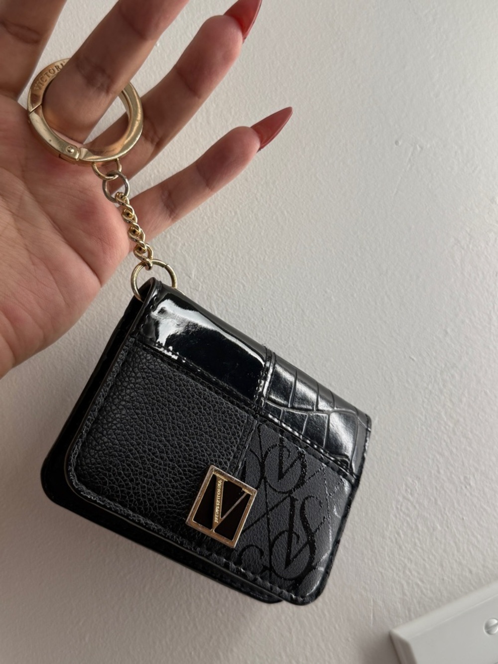 Victoria's Secret Black Quilted Logo Key & Card Holder with Gold Hardware